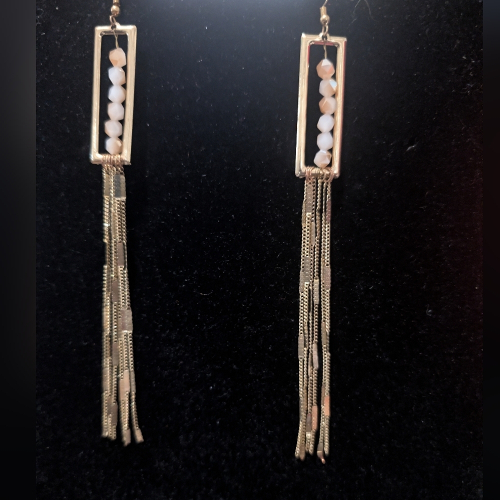 Gold Stripe Fringe Earrings With ivory Beads